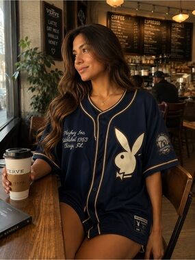 PLAYBOY Navy and Gold Baseball Jersey